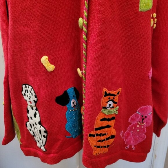 New Quacker Factory Sweater Cardigan Dogs Cats Animals Print Red Size 3X 3XL - Picture 2 of 9